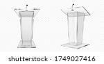 Glass pulpit, podium or tribune front side view. Rostrum stand with microphone for conference debates, trophy isolated on transparent background. Business presentation speech pedestal Realistic vector