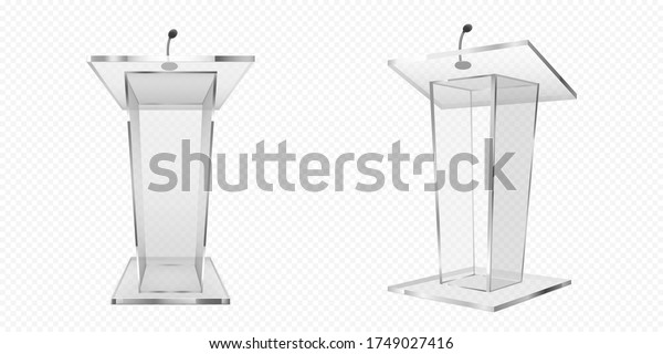 Glass pulpit, podium or tribune front side view.\
Rostrum stand with microphone for conference debates, trophy\
isolated on transparent background. Business presentation speech\
pedestal Realistic\
vector