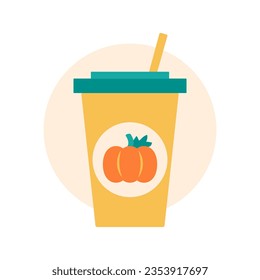 Glass with Pumpkin Latte. Autumn hot drink to go. Seasonal coffee with taste. Disposable cup with straw. Warm colors are yellow, green and orange. Isolated image. Vector illustration.