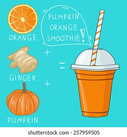 Glass with pumpkin orange smoothie. Natural bio drink, healthy organic food. Hand drawn vector illustration in doodle style isolated on background.