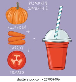 Glass with pumpkin smoothie. Natural bio drink, healthy organic food. Hand drawn vector illustration in doodle style isolated on background.