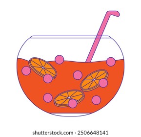 Glass punch bowl with ladle 2D cartoon object. Citrus juice drink glassware. Party aperitif beverage. Fruit punchbowl isolated element flat vector clipart on white background. Spot illustration