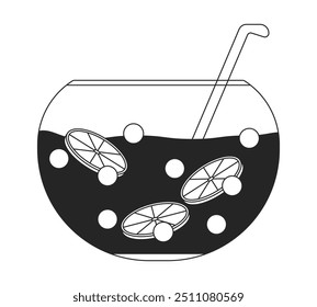 Glass punch bowl with ladle black and white 2D line object. Citrus juice glassware. Party aperitif beverage. Fruit punchbowl isolated clip art vector outline item. Monochromatic spot illustration