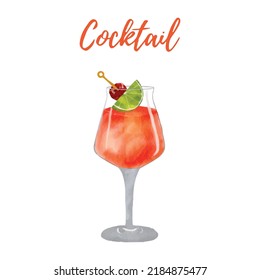 Glass with punch juicy watercolor drawing is isolated on a white background print for the menu of cafes, bars.