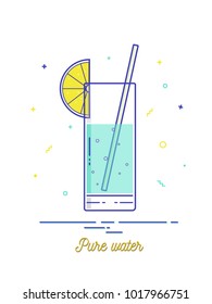 Glass of pure water with lemon in flat line style.