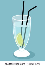 Glass of pure water with lemon slice and two black straws. Frappe glass. Vector illustration.
