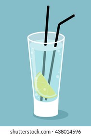 Glass of pure water with lemon slice and two black straws. Zombie glass. Vector illustration.