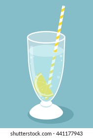 Glass of pure water with lemon slice and straw. Frappe glass. Vector illustration.