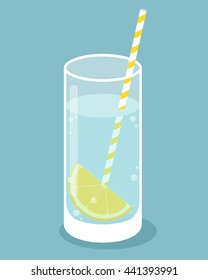 Glass of pure water with lemon slice and straw. Highball glass. Vector illustration.