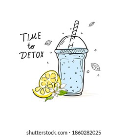 A glass of pure water with a lemon wedge, mint and straws. Healthy food poster. Hand drawn vector elements of smoothies, lemonade, fresh, juice, detox in sketch style. Doodle. Vector illustration. 