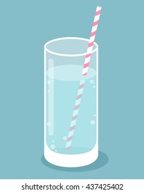 Glass of pure water with straw. Highball glass. Vector illustration. 