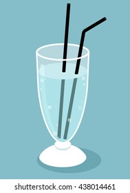 Glass of pure water with two black straws. Frappe glass. Vector illustration.