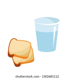 A glass of pure water and two slices of bread for the beginning of Lent. Reduced meal in Lent with bread and water. Abandonment, eating. Food for Lent time. Isolated vector illustration