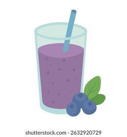 Glass of purple blueberry smoothie with straw and berries, flat cartoon healthy drink illustration.