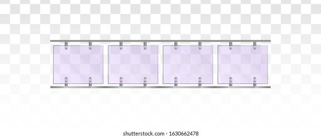 Glass railing on a white background. Section of glass fences with metal tubular railing and transparent sheets for home stairways, house balcony, sidewalk fencing. Vector illustration. EPS 10.