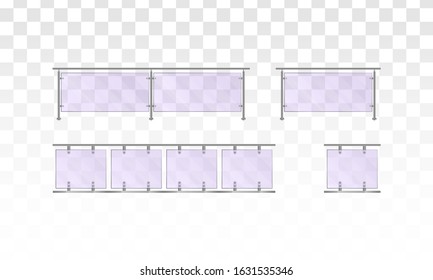Glass railing on a white background. Section of glass fences with metal tubular railing and transparent sheets for home stairways, house balcony, sidewalk fencing. Vector illustration. EPS 10.