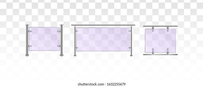 Glass railing on a white background. Section of glass fences with metal tubular railing and transparent sheets for home stairways, house balcony, sidewalk fencing. Vector illustration. EPS 10.
