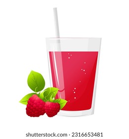 Glass of raspberry juice and raspberries isolated on white background. For labels, menus, poster, print, or packaging design. Vector illustration.