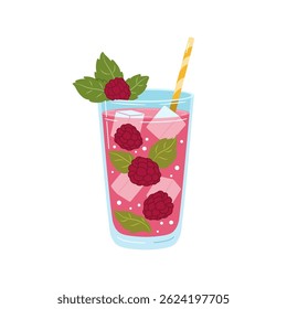 Glass of raspberry and mint lemonade with straw. Flat vector isolated illustration.