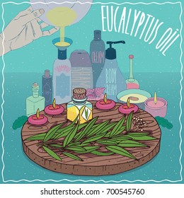 Glass Reagent Bottle of Eucalyptus oil and leaves of Eucalyptus plant. Filling cosmetic bottles. Natural vegetable oil used for cosmetics making. Vector illustration