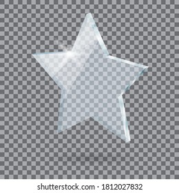 Glass Realistic 3d Star On Transparent Background. Glass Texture With Glares And Light.