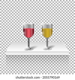 Glass realistic glasses with a drink standing on the shelf. Vector illustration