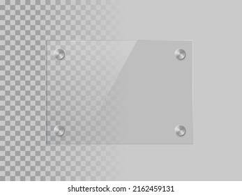 Glass rectangle plate isolated on transparent bacground. Vector realistic acrylic frame with steel rivets.