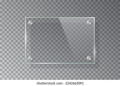 Glass rectangle plate isolated on transparent background. Vector realistic acrylic frame with steel rivets.