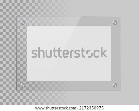 Glass rectangle plate isolated on transparent bacground. Vector realistic acrylic frame with steel rivets.