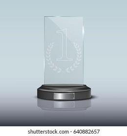 Glass rectangle winner podium plate with mirror reflection. Vector illustration.