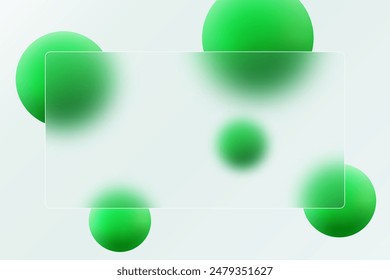 Glass rectangular banner with floating green spheres.