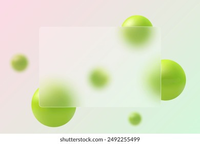 Glass rectangular banner with floating green spheres. Glass morphism background