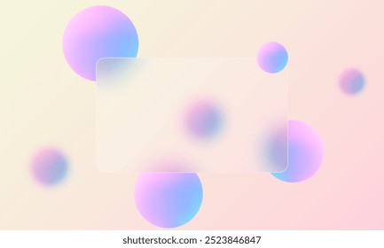 Bannière rectangulaire en verre avec sphères flottantes. Arrière-plan style morphisme de verre.