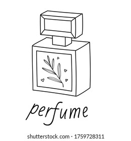 Glass rectangular bottle with perfume, with leaves and tavas on the label.