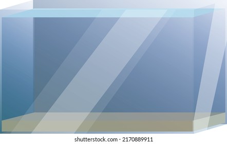 Acuario rectangular de vidrio con agua y arena, aislado en un fondo blanco