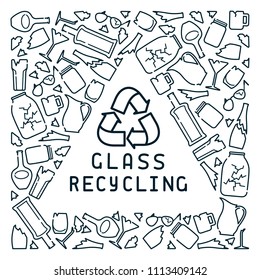 Glass recycling card with trash and lettering. Linear style vector illustration. There is a place for your text. EPS10