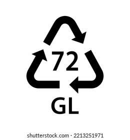 glass recycling code GL 72, brown glass symbol, ecology recycling sign, identification code, package waste black fill icon