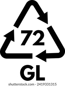 Glasrecyclingcode GL 72 . Ökologisches Recyclingzeichen. Paketabfallsymbol