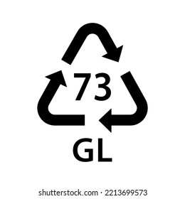 glass recycling code GL 73, dark sort glass symbol, ecology recycling sign, identification code, package waste black fill icon