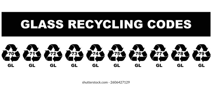 Glass Recycling Code icon set, Recycling codes 70, 71, 72, 73, 74, 75, 76, 77, 78 and 79. Glass recycling symbols. recycle, symbol, code, icon, vector illustration.