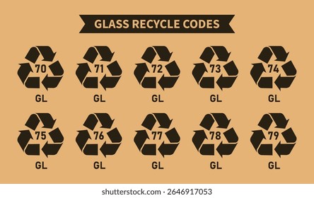 Glass recycling codes icon set, triangular glass and bottle recycling symbols, codes 70, 71, 72, 73, 74, 75, 76, 77, 78, 79 for factory and industrial products, gl gls symbols, Vector illustration