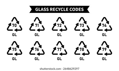 Glass recycling codes icon set, triangular glass and bottle recycling symbols, codes 70, 71, 72, 73, 74, 75, 76, 77, 78, 79 for factory and industrial products, gl symbols, Vector illustration