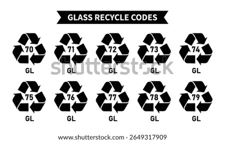 Glass recycling codes icon set, triangular glass and bottle recycling symbols, codes 70, 71, 72, 73, 74, 75, 76, 77, 78, 79 for factory and industrial products, gl symbols, Vector illustration