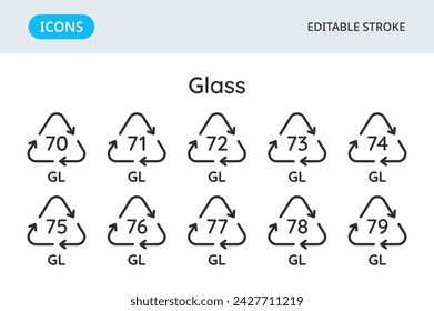 Glass recycling codes icons. Triangular environmental symbols of materials. Set of elements on a white background. Editable stroke.