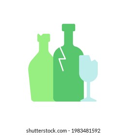 Icono de color plano vectorial de reciclaje de vidrio. Procesamiento de vidrio residual en productos utilizables. Botellas de vino y de refresco. Jares para cosméticos. Dibujo de dibujos animados para aplicaciones móviles. Ilustración RGB aislada