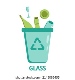 Glasrecycling. Vektorflache Abbildung eines blauen Behältnisses für die Glasverarbeitung. Abfalltrennung. Rettet den Planeten!