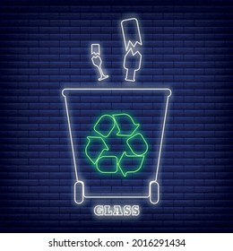Reciclado de vidrio clasificar desechos icono de contenedor iluminar estilo neón, etiqueta de protección ambiental ilustración plana vectorial, aislado en negro. Caña de basura con símbolo ecológico verde.