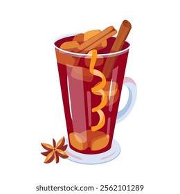 Glass of red aromatic mulled wine with fruits, cinnamon and star anise. Red punch with fruit and spices. Winter holiday alcoholic drink design element. Vector illustration for label and poster.