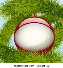 Glass red ball with space for text and green spruce Christmas tree. Happy New Year Vector background illustration. Editable and isolated.