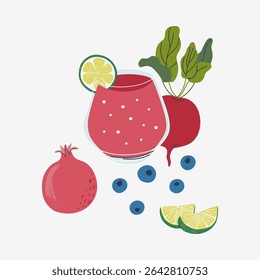 Glass of red drink, fruits, berries, vegetable. Healthy vegan smoothie, including blueberry, beetroot, pomegranate, lime. Menu element for cafe, restaurant. Flat design vector illustration.